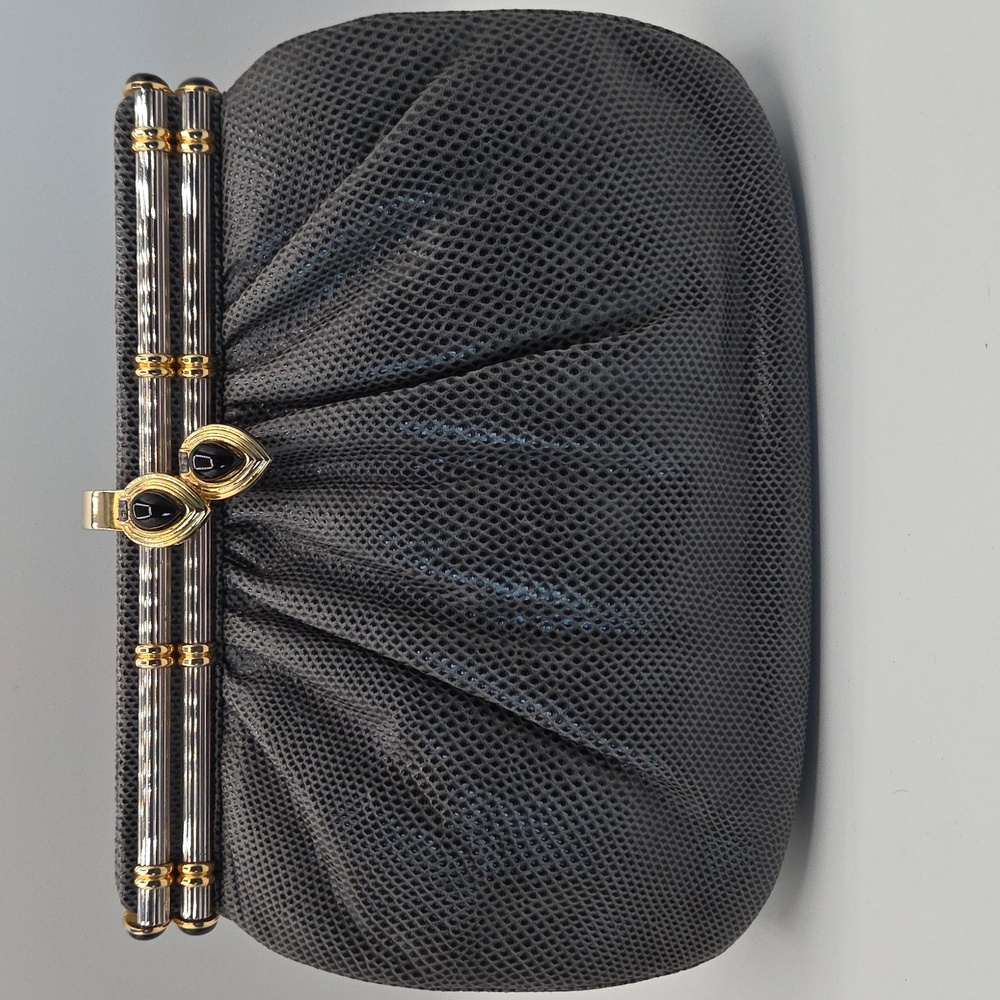Judith Lieber New York Vintage Gray Reptile Leather Silver Gold Clutch Bag Purse